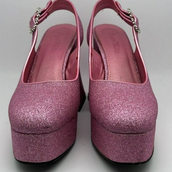 Sugar Thrillz Paradise Heart Pink Glitter Platform Heels with Heart clasp Size 7 - Picture 2 of 11